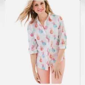 Chicos No-Iron Pineapple Print Button Down Shirt White Multi Petite 0P  4 Cotton